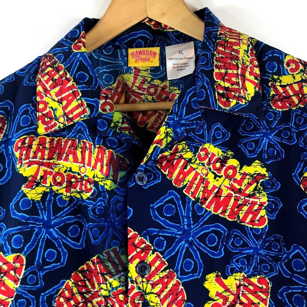 Hawaiian Tropic Shirt Mens Size XL Button Up Blue Red Floral Spell Out Camp NEW